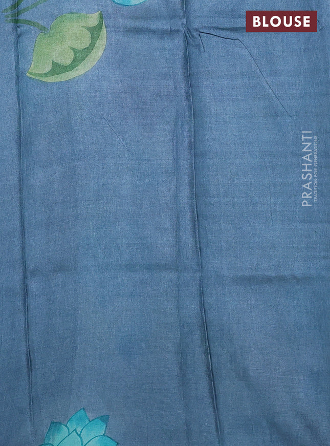 Pure tussar silk saree teal blue and bluish grey with plain body and pichwai hand painted pallu & border