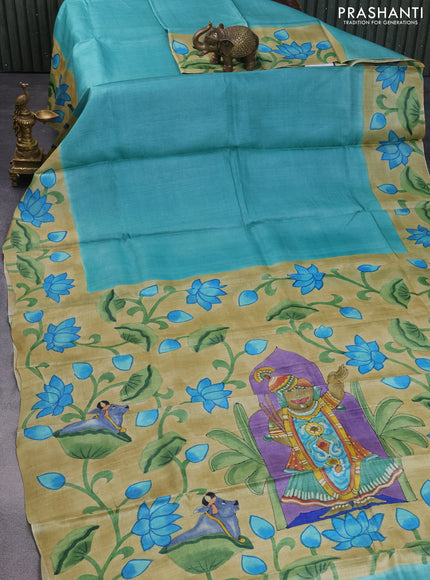 Pure tussar silk saree teal blue and elaichi green with plain body and pichwai hand painted pallu & border