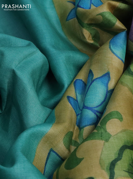 Pure tussar silk saree teal blue and elaichi green with plain body and pichwai hand painted pallu & border