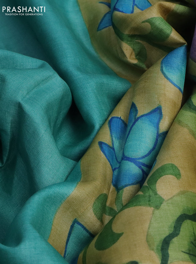 Pure tussar silk saree teal blue and elaichi green with plain body and pichwai hand painted pallu & border