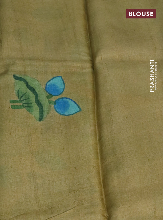 Pure tussar silk saree teal blue and elaichi green with plain body and pichwai hand painted pallu & border