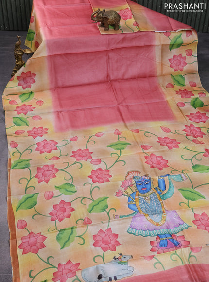 Pure tussar silk saree peach shade and cream rustic orange with plain body and pichwai hand painted pallu & border