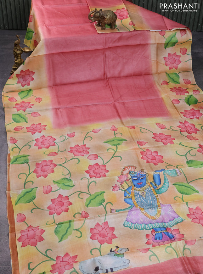 Pure tussar silk saree peach shade and cream rustic orange with plain body and pichwai hand painted pallu & border