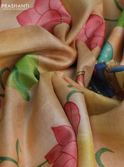 Pure tussar silk saree peach shade and cream rustic orange with plain body and pichwai hand painted pallu & border