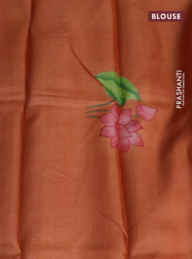 Pure tussar silk saree peach shade and cream rustic orange with plain body and pichwai hand painted pallu & border