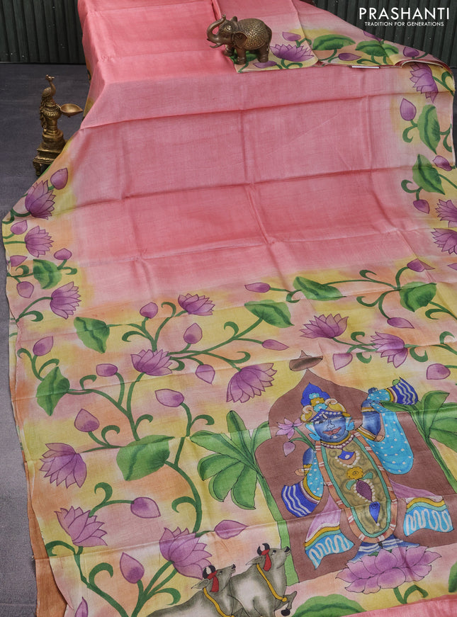 Pure tussar silk saree peach pink and rust shade with plain body and pichwai hand painted pallu & border