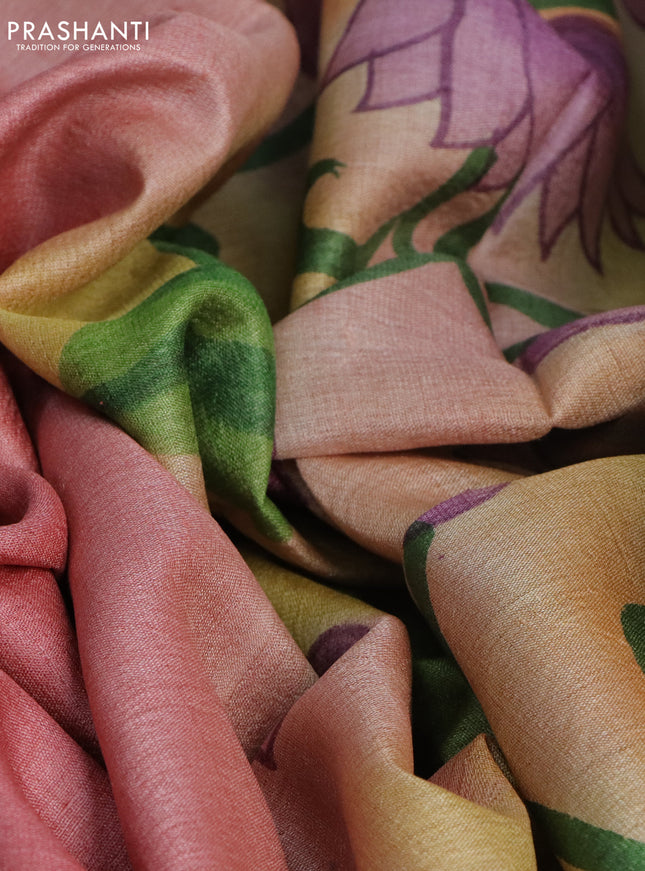 Pure tussar silk saree peach pink and rust shade with plain body and pichwai hand painted pallu & border