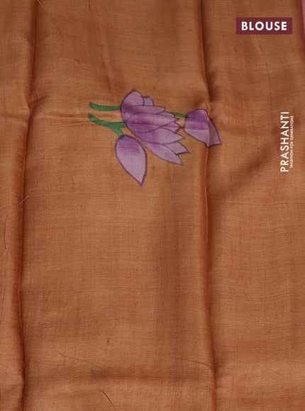 Pure tussar silk saree peach pink and rust shade with plain body and pichwai hand painted pallu & border