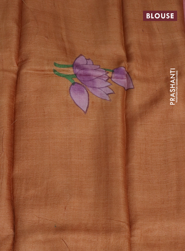 Pure tussar silk saree peach pink and rust shade with plain body and pichwai hand painted pallu & border