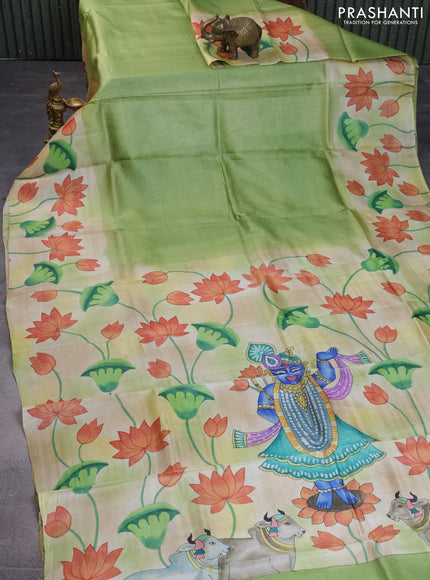 Pure tussar silk saree light green and sandal with plain body and pichwai hand painted pallu & border