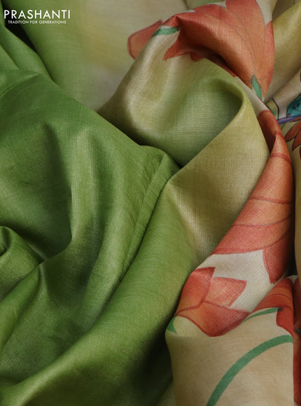 Pure tussar silk saree light green and sandal with plain body and pichwai hand painted pallu & border