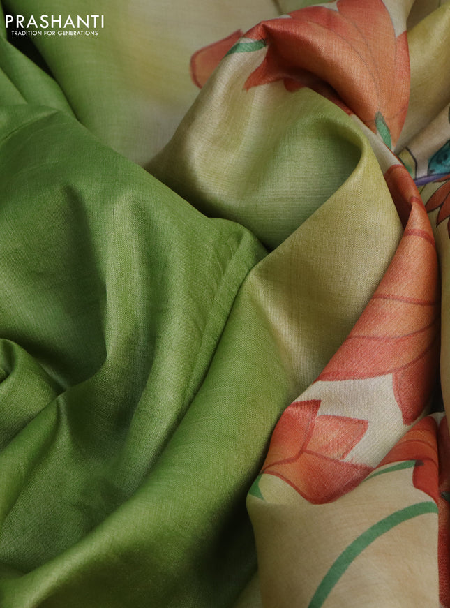 Pure tussar silk saree light green and sandal with plain body and pichwai hand painted pallu & border