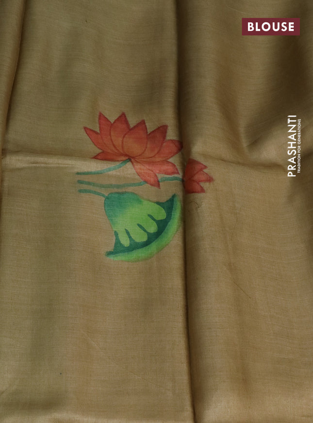Pure tussar silk saree light green and sandal with plain body and pichwai hand painted pallu & border