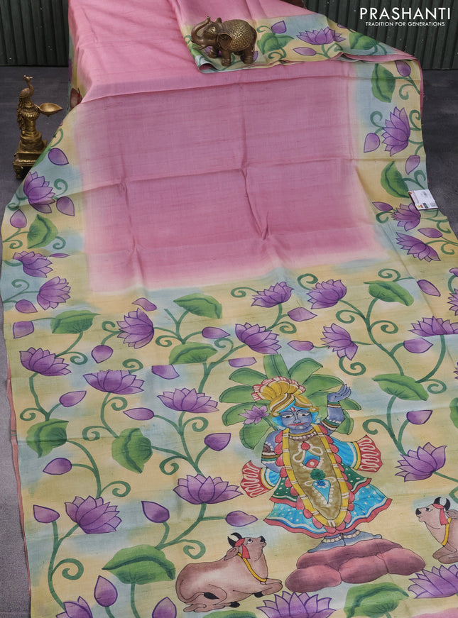 Pure tussar silk saree pastel pink and pale yellow peach shade with plain body and pichwai hand painted pallu & border
