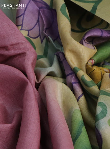 Pure tussar silk saree pastel pink and pale yellow peach shade with plain body and pichwai hand painted pallu & border