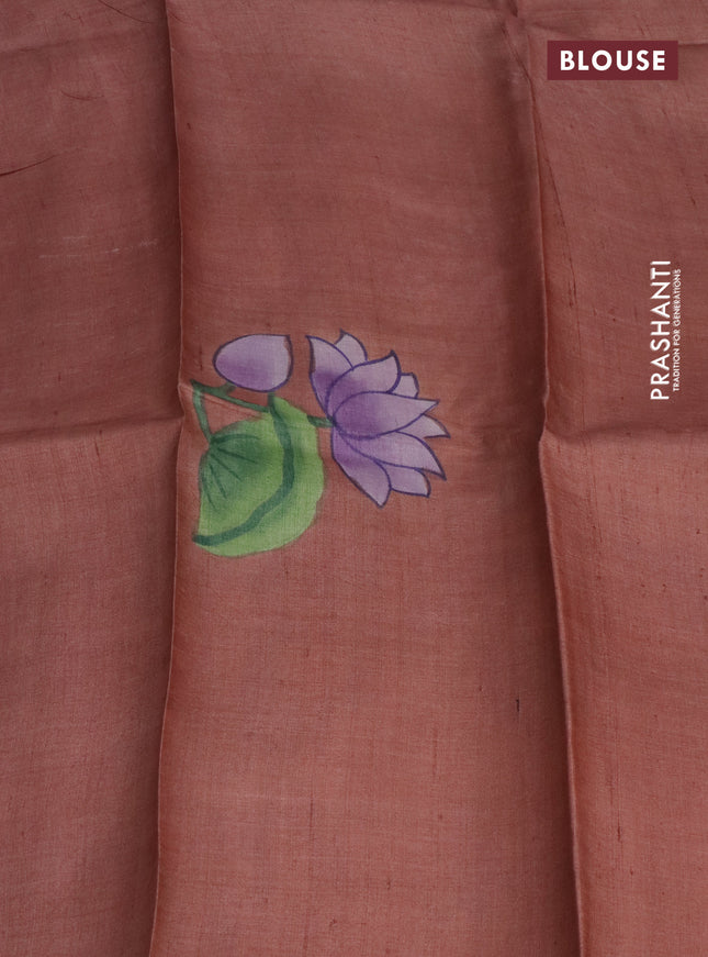 Pure tussar silk saree pastel pink and pale yellow peach shade with plain body and pichwai hand painted pallu & border