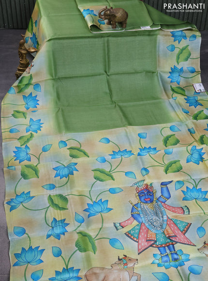 Pure tussar silk saree green shade and sandal with plain body and pichwai hand painted pallu & border