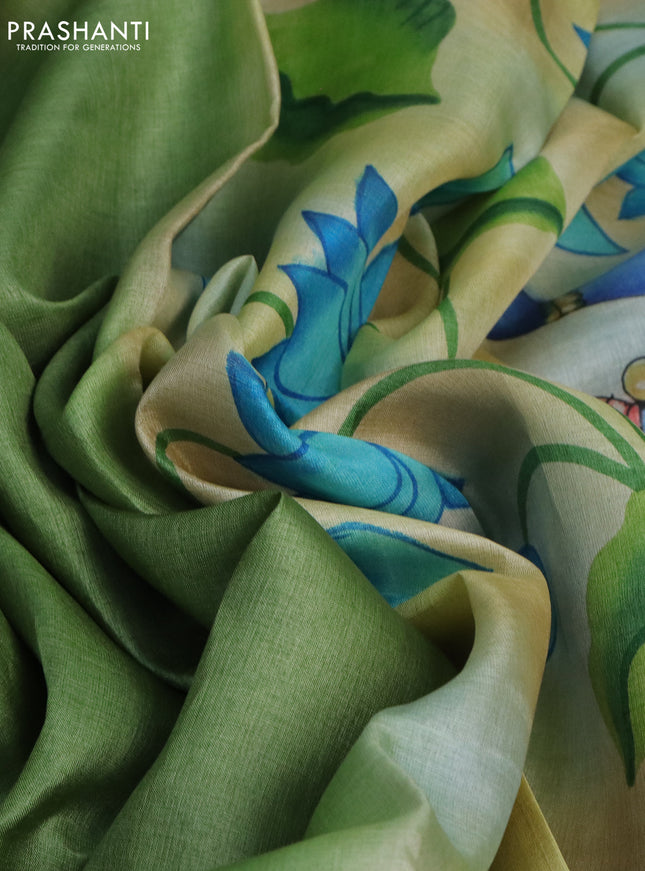 Pure tussar silk saree green shade and sandal with plain body and pichwai hand painted pallu & border