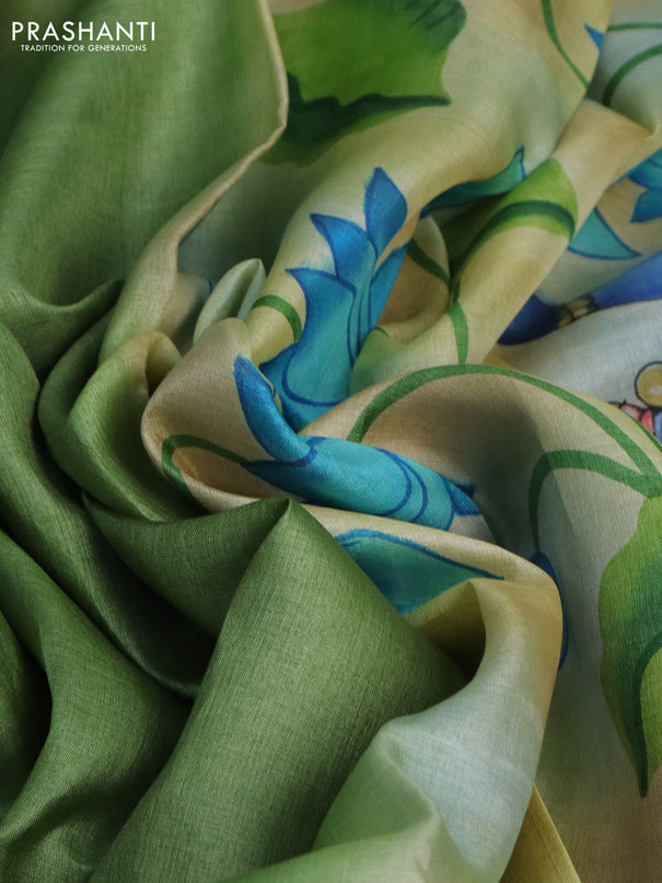 Pure tussar silk saree green shade and sandal with plain body and pichwai hand painted pallu & border
