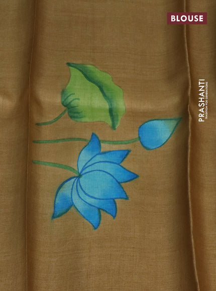 Pure tussar silk saree green shade and sandal with plain body and pichwai hand painted pallu & border