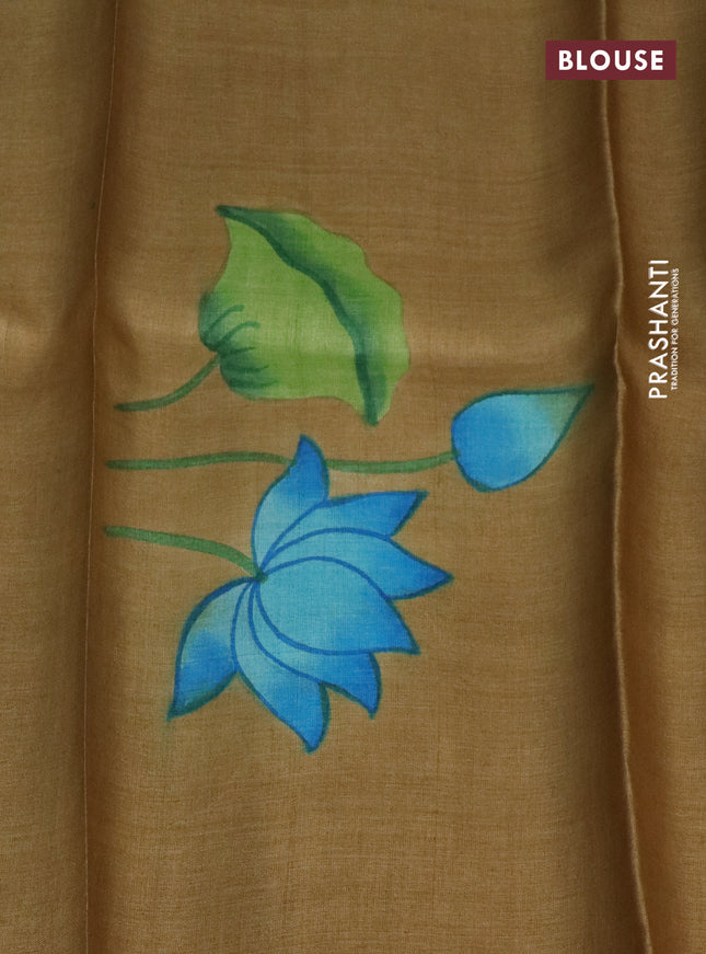 Pure tussar silk saree green shade and sandal with plain body and pichwai hand painted pallu & border