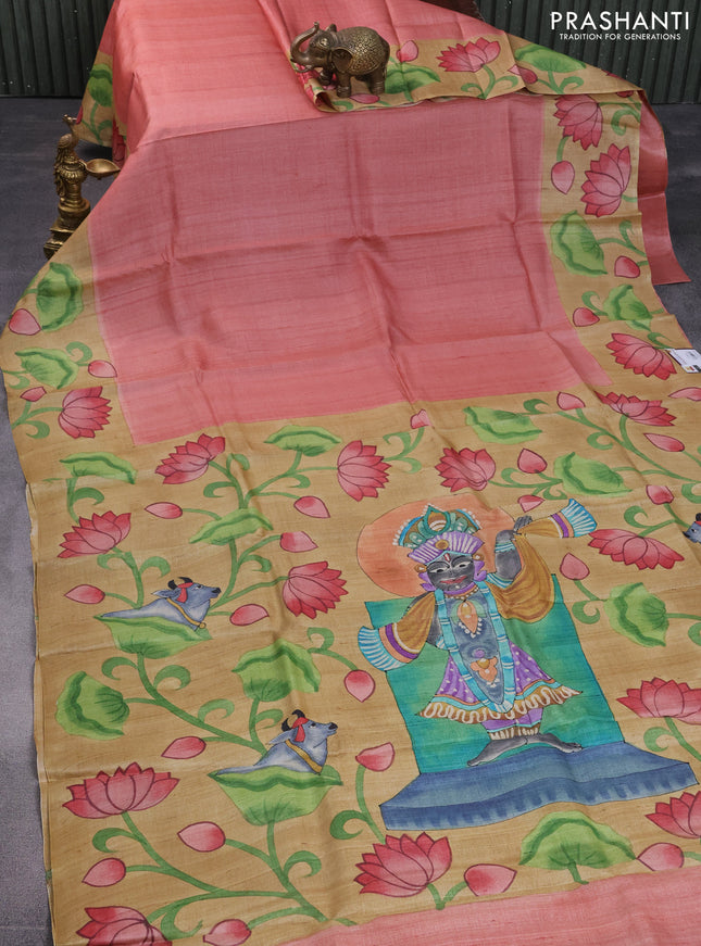 Pure tussar silk saree peach shade and sandal with plain body and pichwai hand painted pallu & border