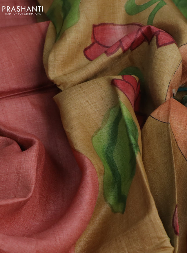 Pure tussar silk saree peach shade and sandal with plain body and pichwai hand painted pallu & border