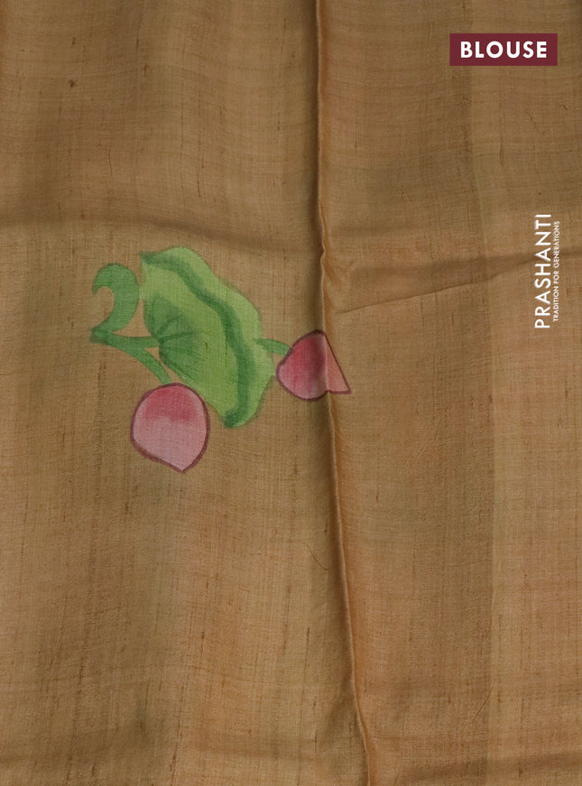 Pure tussar silk saree peach shade and sandal with plain body and pichwai hand painted pallu & border