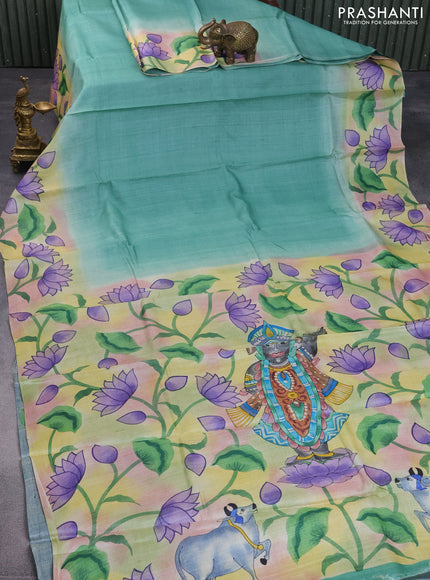 Pure tussar silk saree teal green shade and grey shade with plain body and pichwai hand painted pallu & border