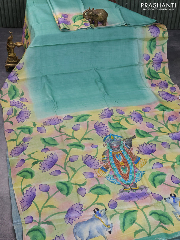 Pure tussar silk saree teal green shade and grey shade with plain body and pichwai hand painted pallu & border