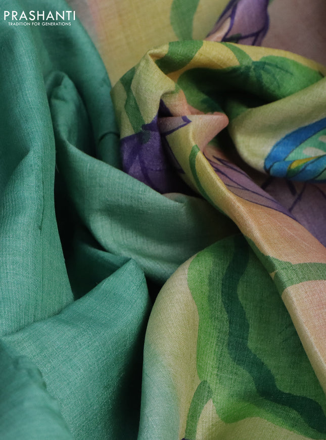 Pure tussar silk saree teal green shade and grey shade with plain body and pichwai hand painted pallu & border