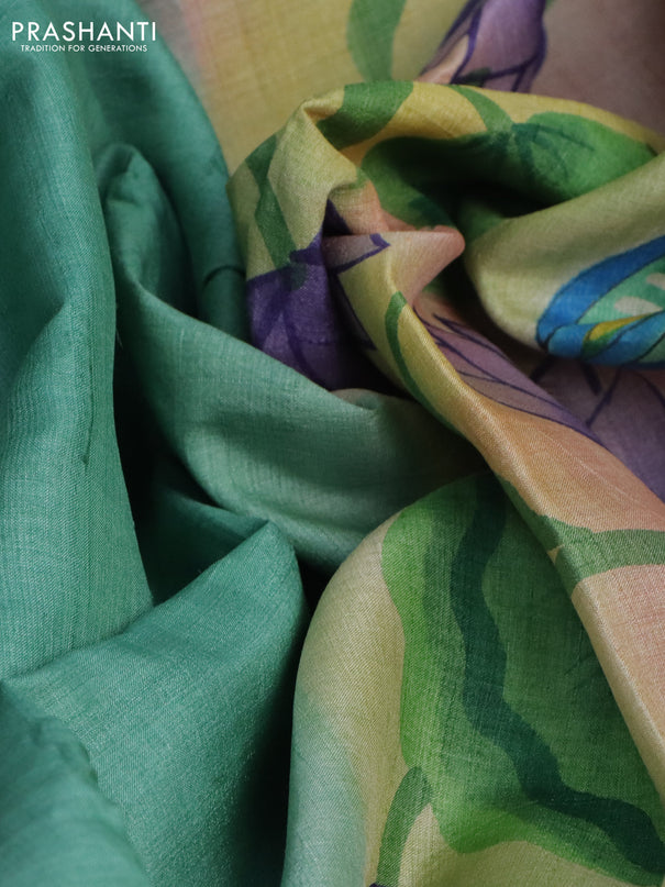 Pure tussar silk saree teal green shade and grey shade with plain body and pichwai hand painted pallu & border
