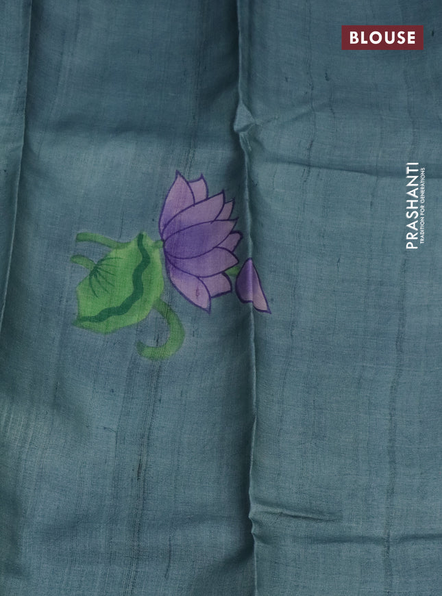 Pure tussar silk saree teal green shade and grey shade with plain body and pichwai hand painted pallu & border