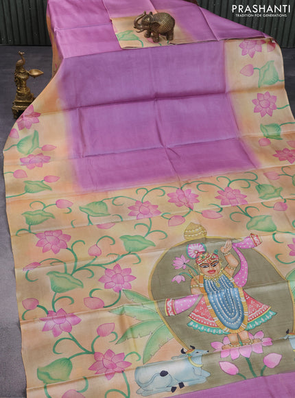 Pure tussar silk saree lavender and sandal elaichi green with plain body and pichwai hand painted pallu & border