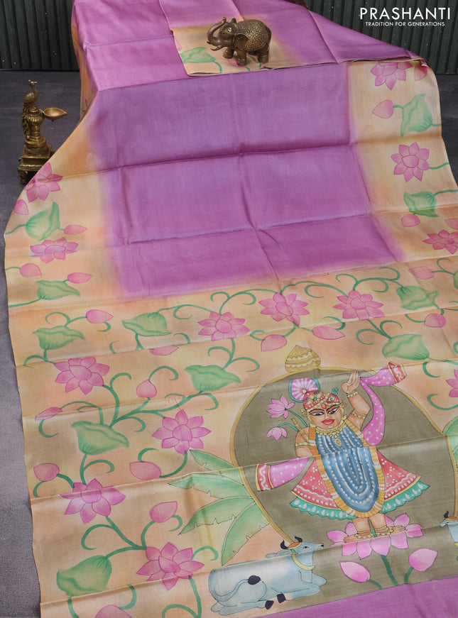 Pure tussar silk saree lavender and sandal elaichi green with plain body and pichwai hand painted pallu & border