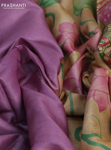 Pure tussar silk saree lavender and sandal elaichi green with plain body and pichwai hand painted pallu & border