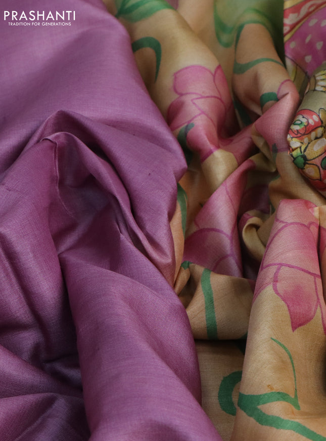 Pure tussar silk saree lavender and sandal elaichi green with plain body and pichwai hand painted pallu & border