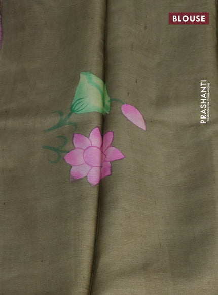 Pure tussar silk saree lavender and sandal elaichi green with plain body and pichwai hand painted pallu & border