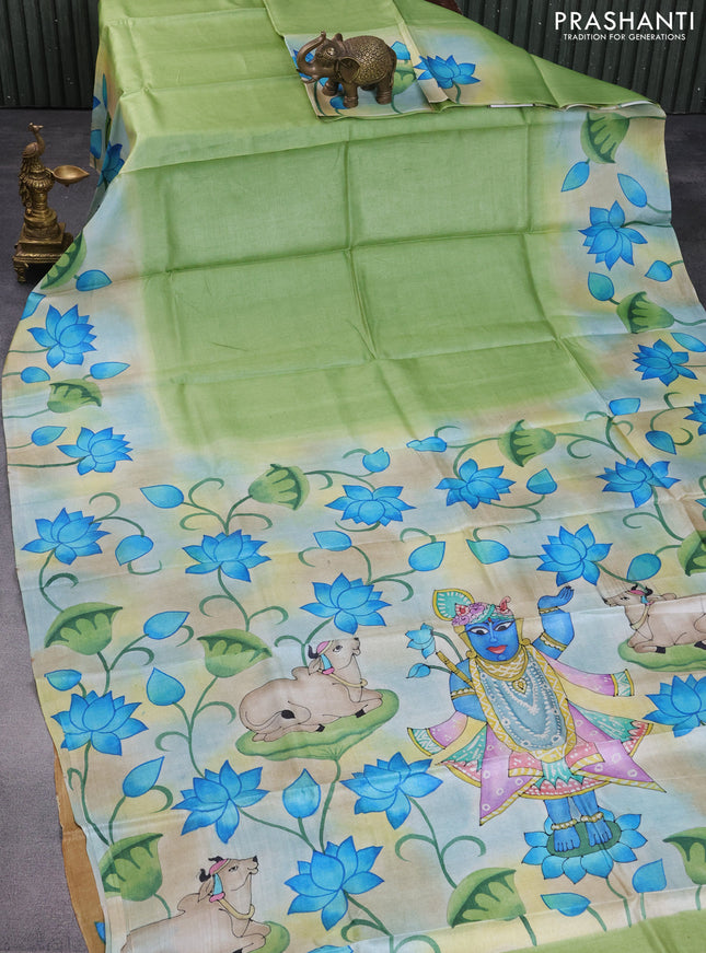 Pure tussar silk saree light green and cream sandal with plain body and pichwai hand painted pallu & border
