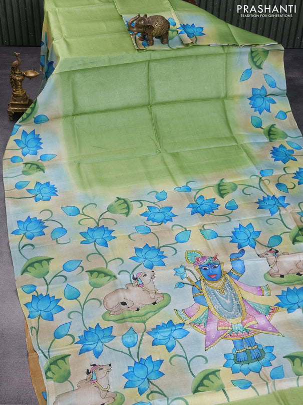 Pure tussar silk saree light green and cream sandal with plain body and pichwai hand painted pallu & border