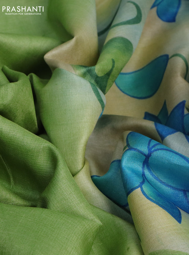 Pure tussar silk saree light green and cream sandal with plain body and pichwai hand painted pallu & border