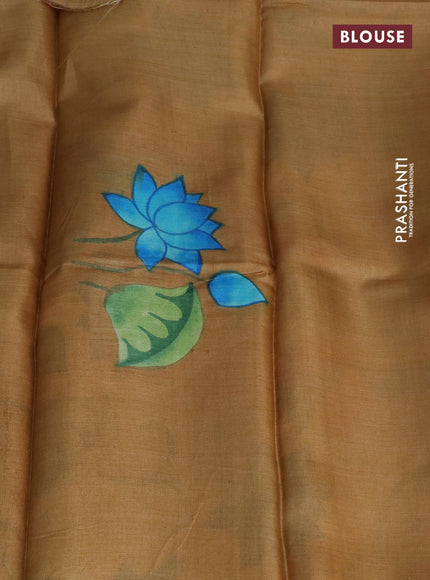 Pure tussar silk saree light green and cream sandal with plain body and pichwai hand painted pallu & border