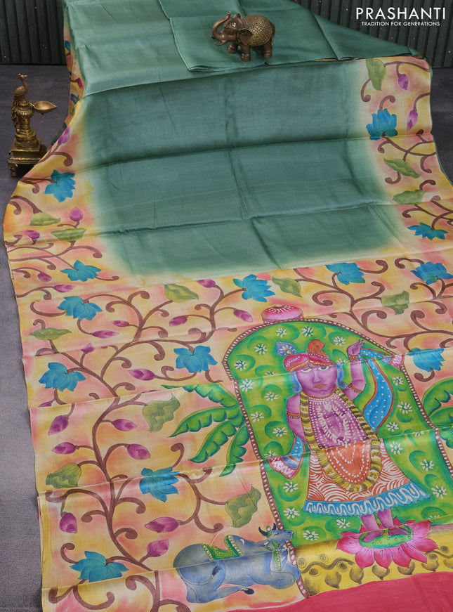 Pure tussar silk saree pastel green and yellow with plain body and pichwai hand painted pallu & border