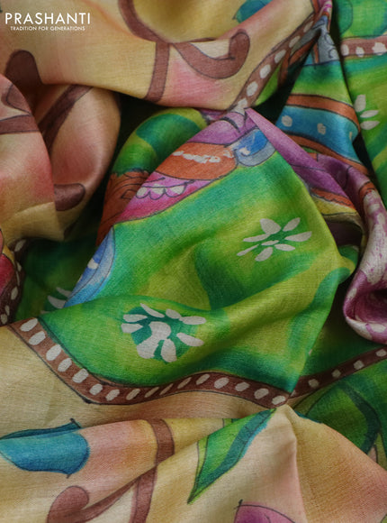 Pure tussar silk saree pastel green and yellow with plain body and pichwai hand painted pallu & border