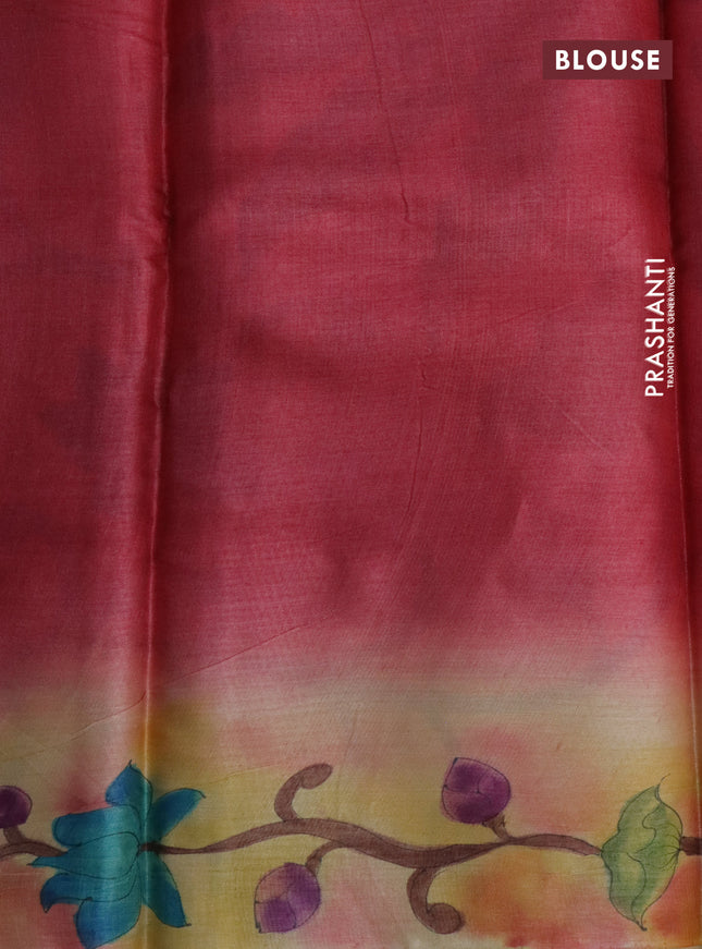 Pure tussar silk saree pastel green and yellow with plain body and pichwai hand painted pallu & border