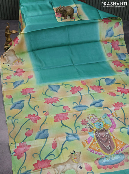 Pure tussar silk saree teal green shade and green shade with plain body and pichwai hand painted pallu & border