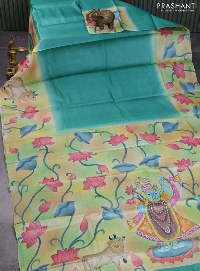 Pure tussar silk saree teal green shade and green shade with plain body and pichwai hand painted pallu & border
