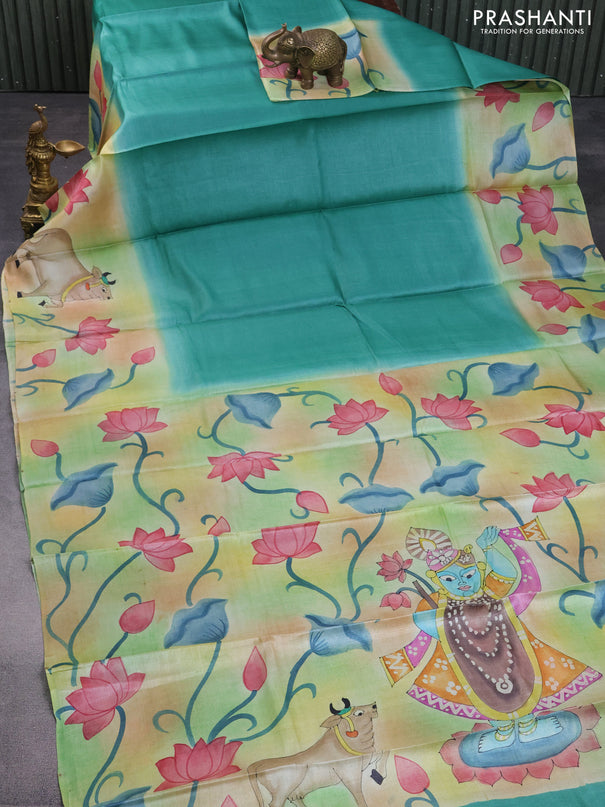 Pure tussar silk saree teal green shade and green shade with plain body and pichwai hand painted pallu & border