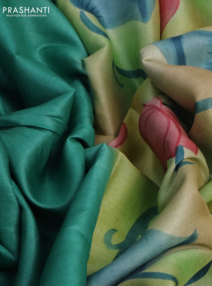 Pure tussar silk saree teal green shade and green shade with plain body and pichwai hand painted pallu & border