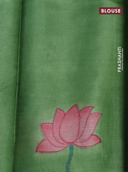 Pure tussar silk saree teal green shade and green shade with plain body and pichwai hand painted pallu & border